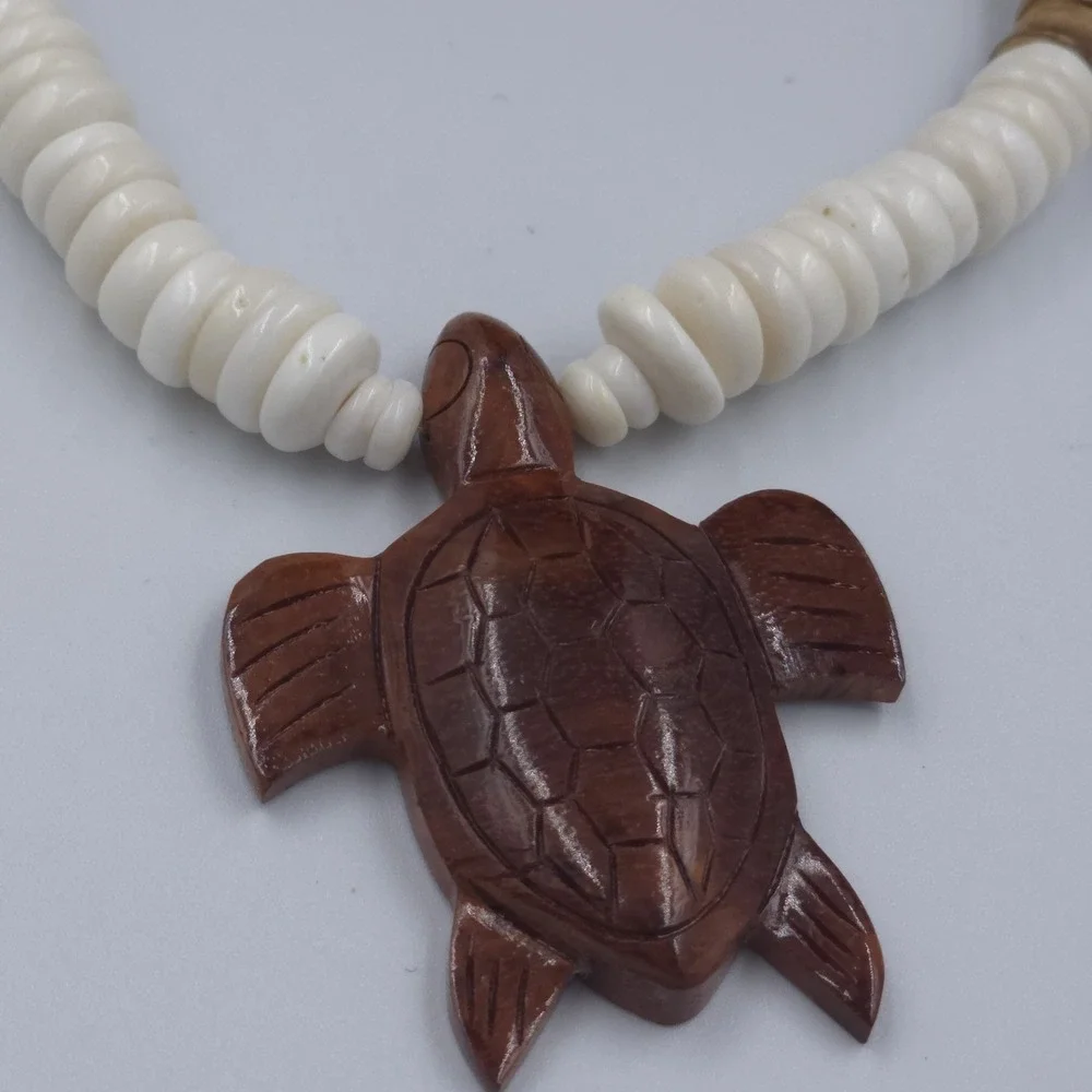 Puka Shell Necklace Hand Carved Wood Sea Turtle Pendant Brown White